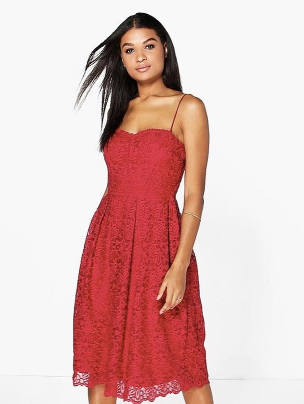 Boohoo Red Lace Midi Dress with Spaghetti Straps